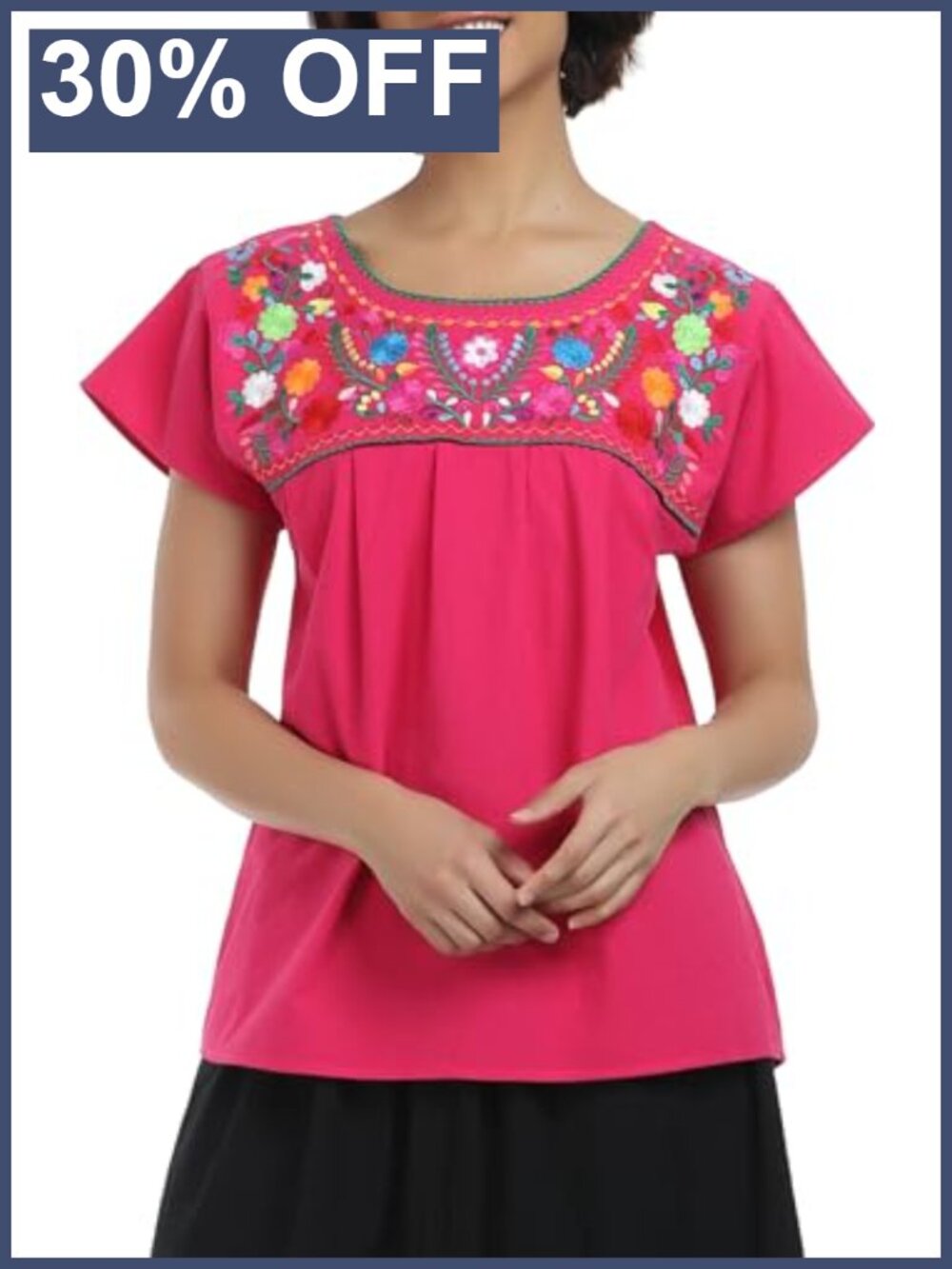 Mexican Embroidered Peasant Blouse Womens Summer Short Sleeve Top
